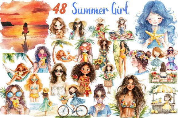 Summer Girl Sublimation Clipart: Vibrant Design Assets