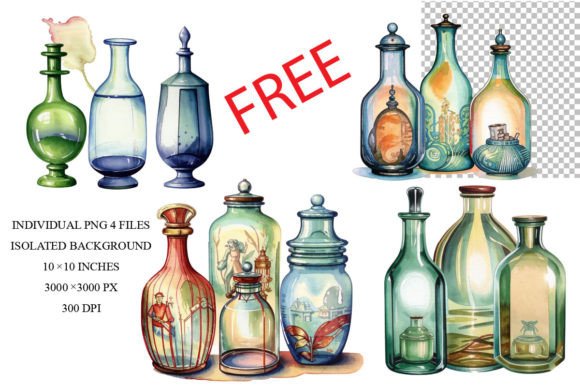 Watercolor Bottles Clipart: Bright, Semitransparent Designs for Creative Projects
