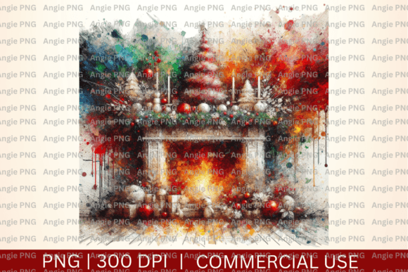 Watercolor Christmas Fireplace PNG for Festive Design